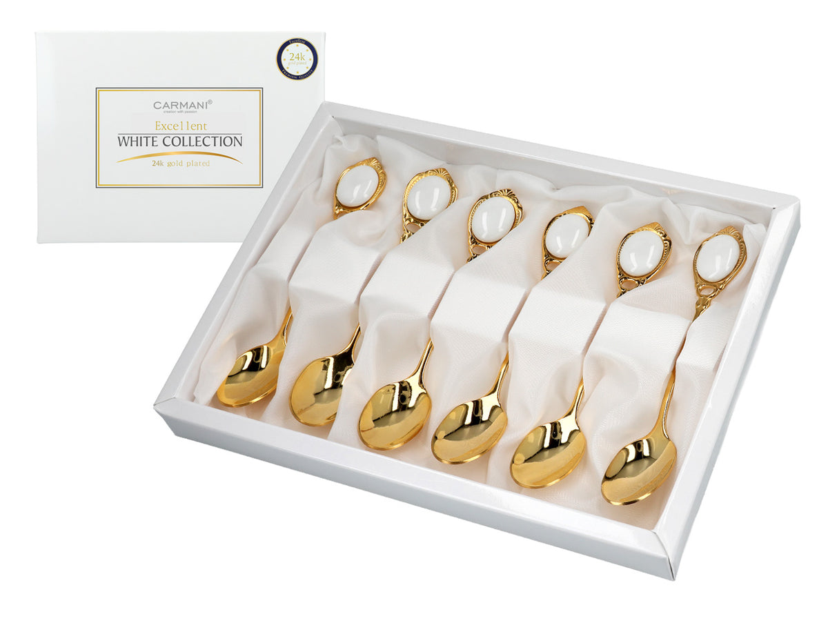 6 valgete silmadega 24K kullatud CARMANI teelusika komplekt, isikupärastatava graveeringuga - elegantne kingitus igaks puhuks, mõõtmed 13 cm
