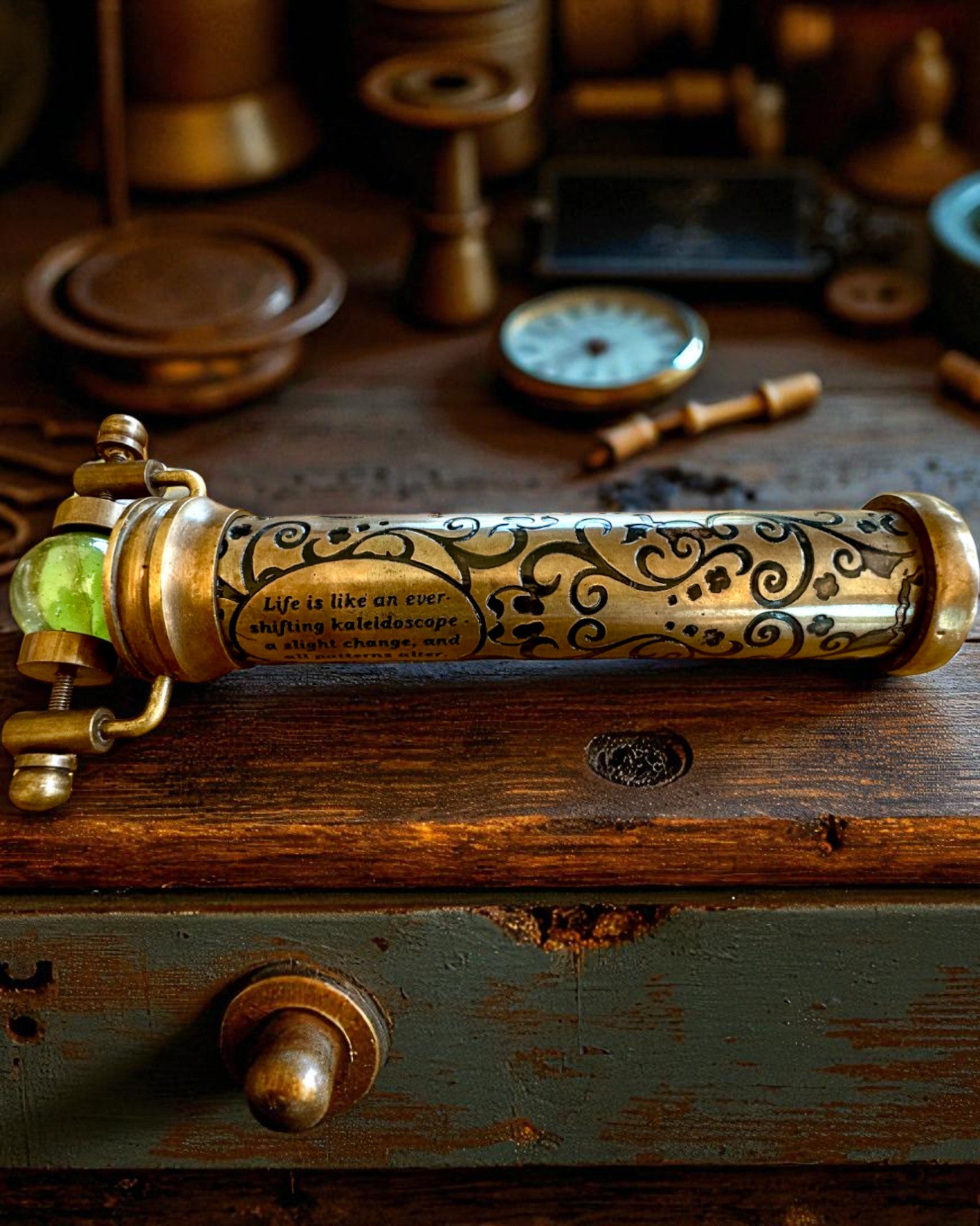 Kaleidoskooppi Vintage „Emerald Dreams”, 15 cm – käsintehty, mahdollisuus personointiin kaiverruksella lahjaksi
