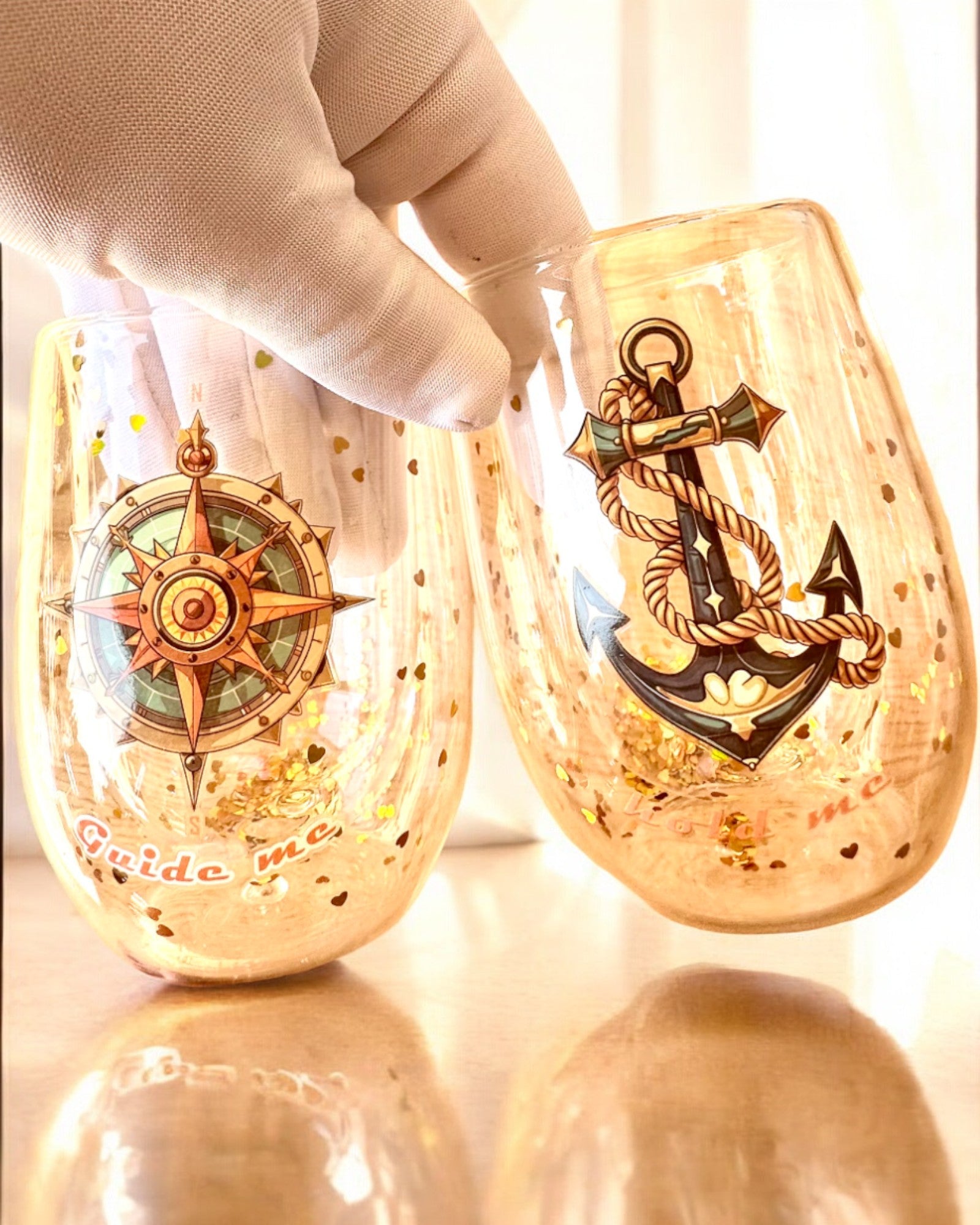 Kaksiseinäiset "Nautical Dreams" -lasit kultahiutaleilla - 2 kpl setti, 300 ml tilavuus, mahdollisuus personointiin kaiverruksella
