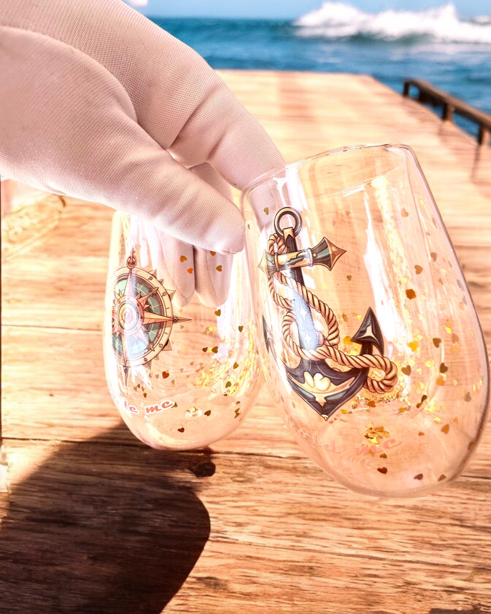 Kaksiseinäiset "Nautical Dreams" -lasit kultahiutaleilla - 2 kpl setti, 300 ml tilavuus, mahdollisuus personointiin kaiverruksella