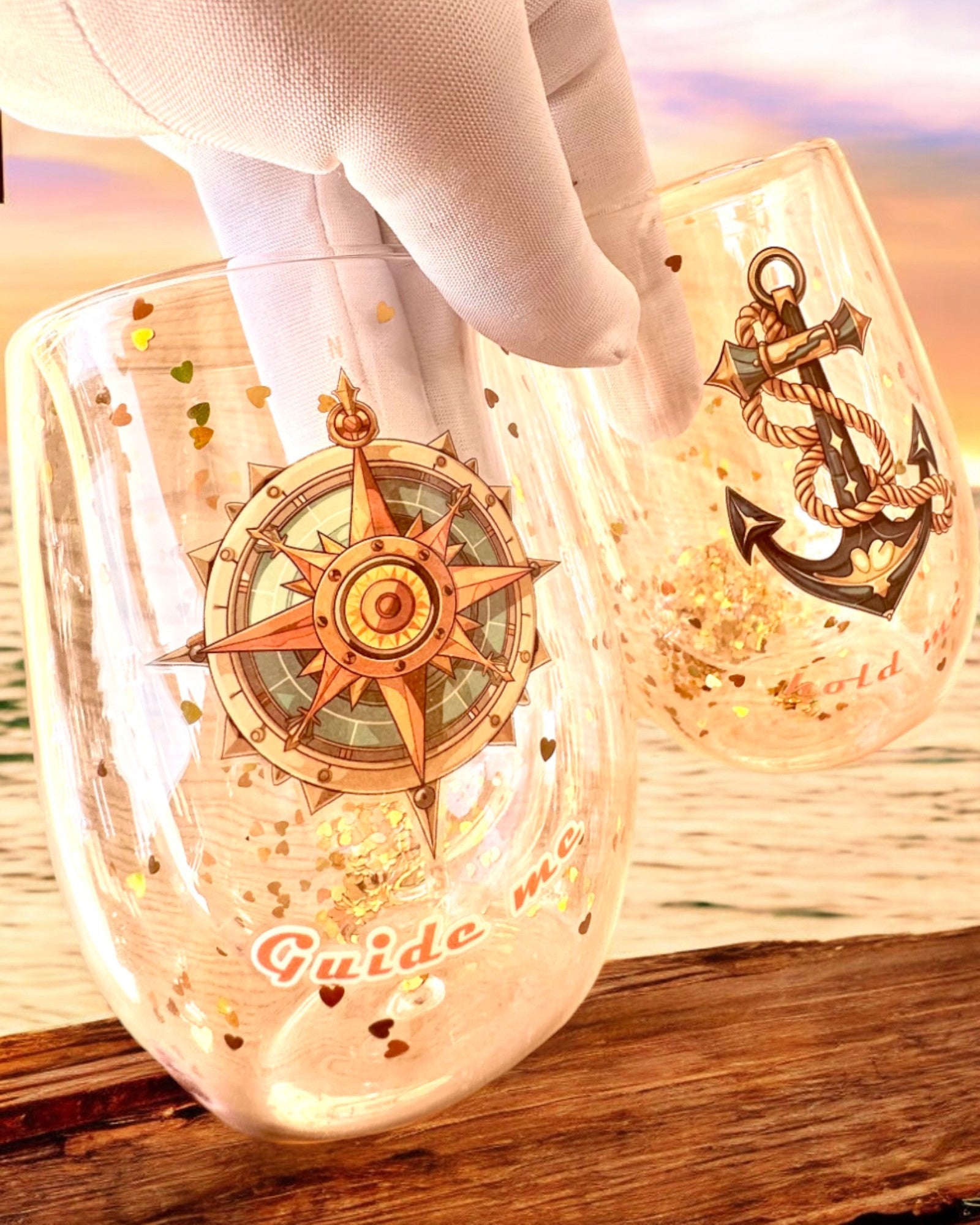 Kaksiseinäiset "Nautical Dreams" -lasit kultahiutaleilla - 2 kpl setti, 300 ml tilavuus, mahdollisuus personointiin kaiverruksella