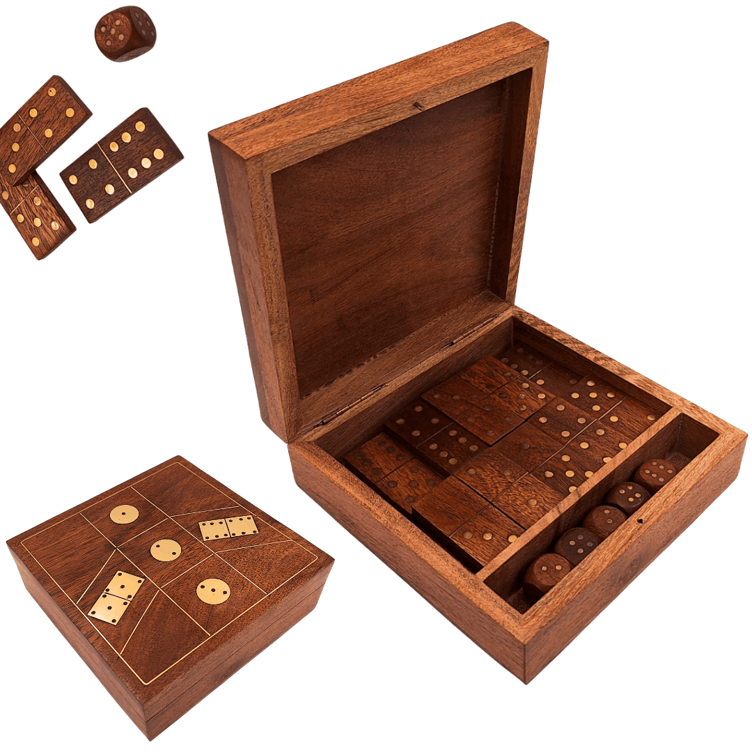 Zestaw Gier - Domino i Kości do Gry w Drewnianym Pudełku - DO-002