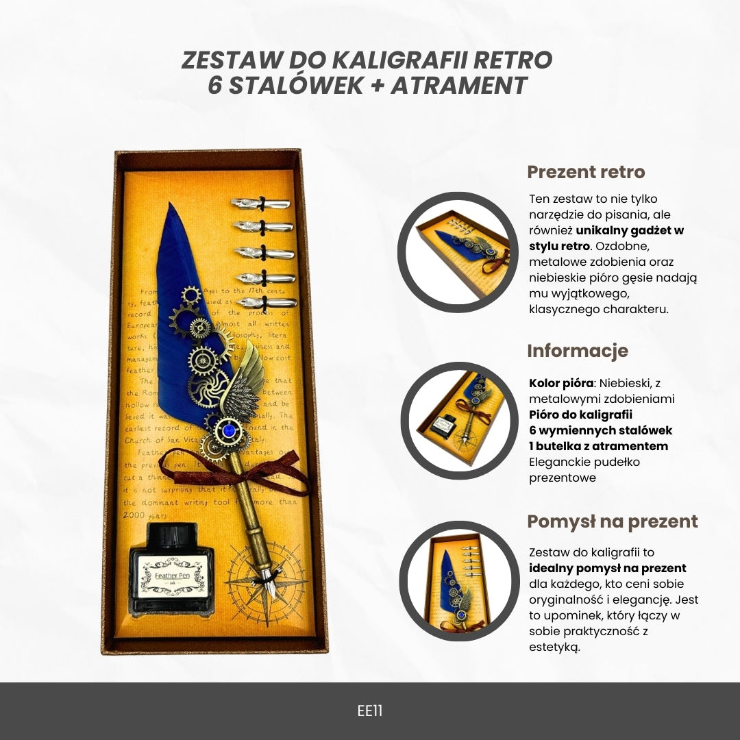 Zestaw do Kaligrafii Retro z Niebieskim Piórem Gęsim Vintage 6 Stalówek Atrament Prezent – EE11