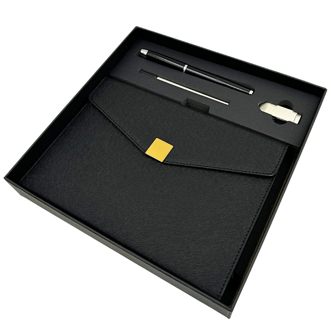 Elegancki Zestaw Prezentowy Premium – Notes A5 z Długopisem i Pendrive 16GB w Pudełku – Czarno-złoty – EE9