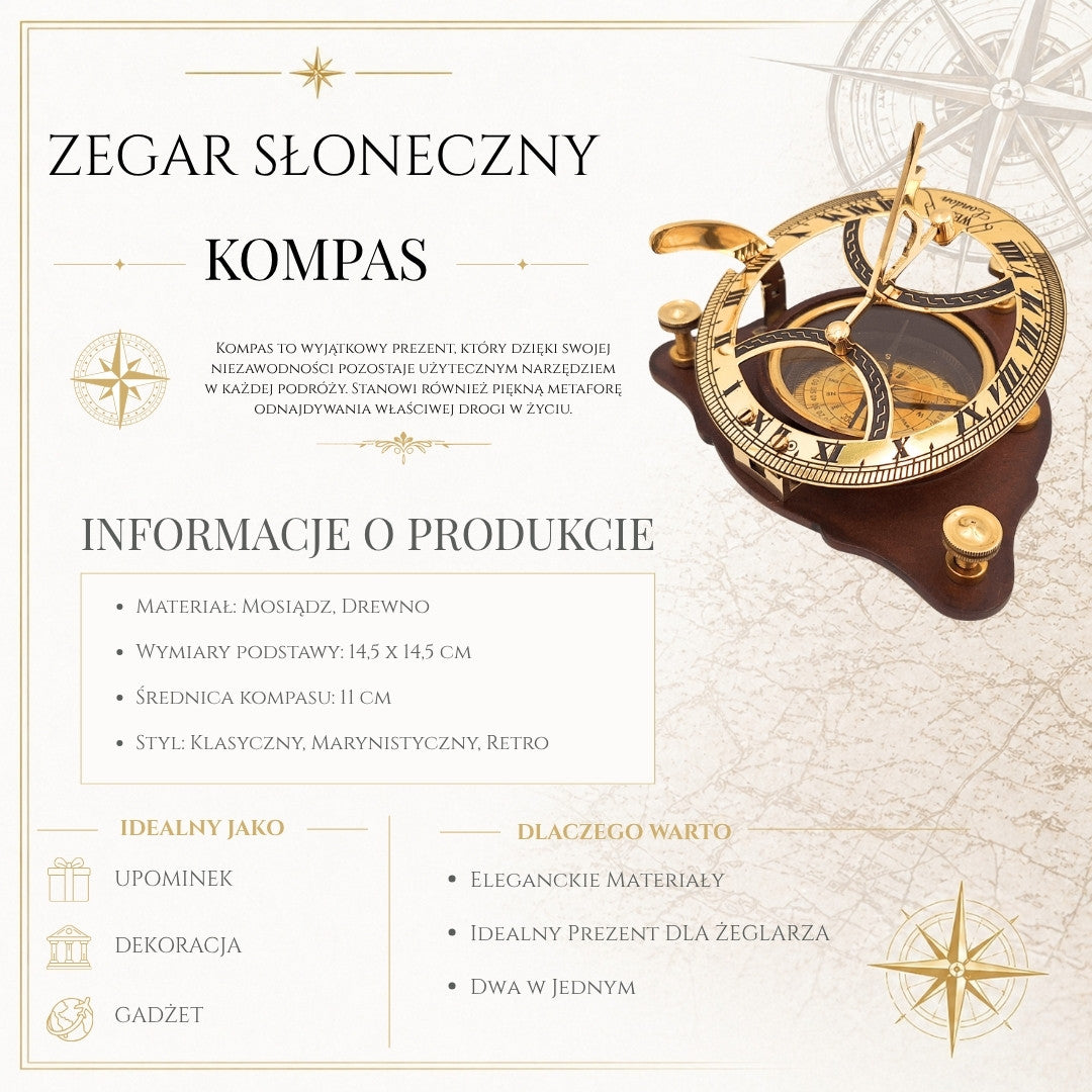 Zegar słoneczny z kompasem na drewnianej podstawie C064