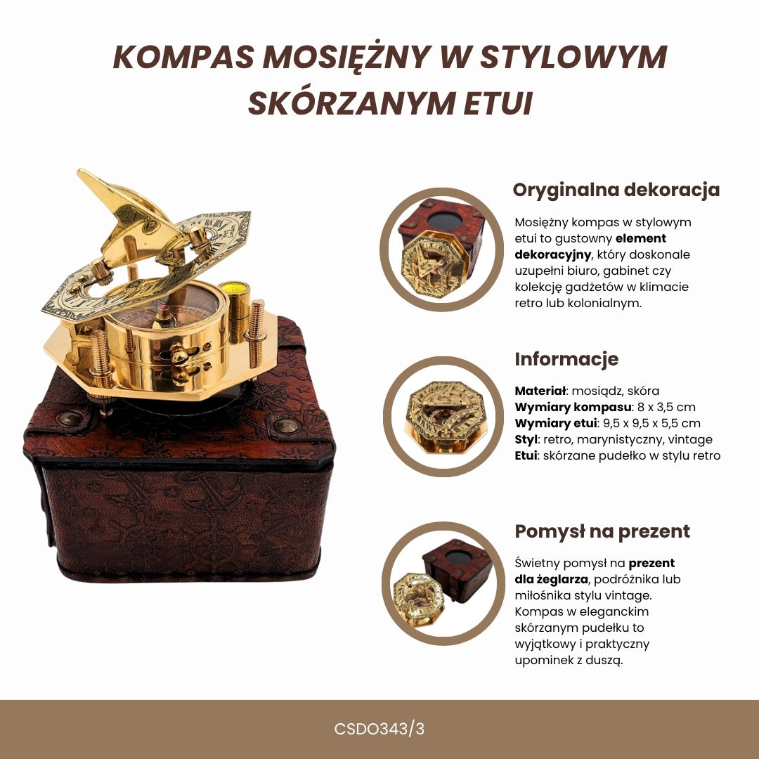 Messinkinen kompassi tyylikkäässä nahkaisessa laatikossa kaiverrusmahdollisuudella – retro vintage lahja matkailijalle, purjehtijalle - korkeus 8 cm, elegantti messinkimuotoilu