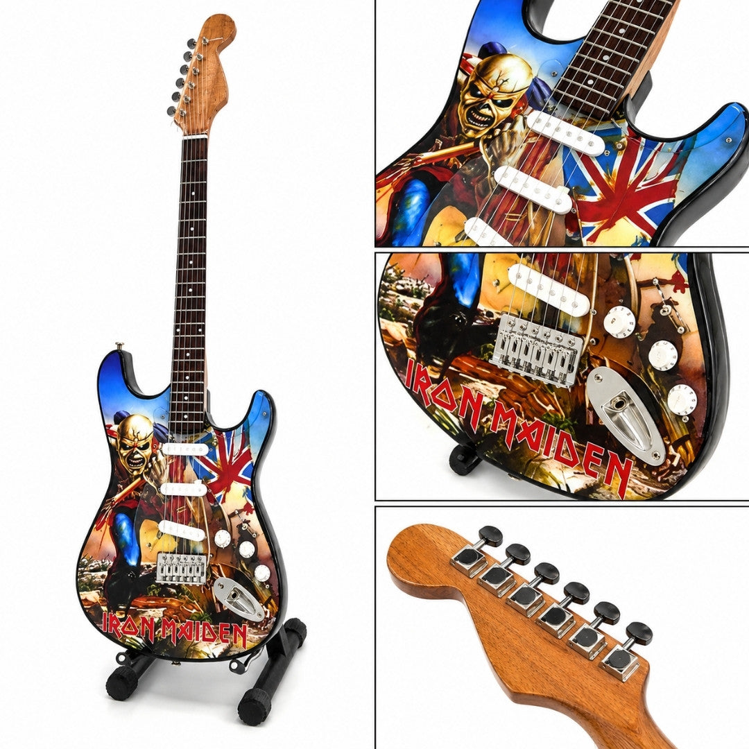 Koristeellinen Iron Maiden ”The Trooper” -minikitara mahongista – käsintehty koriste musiikkifaneille