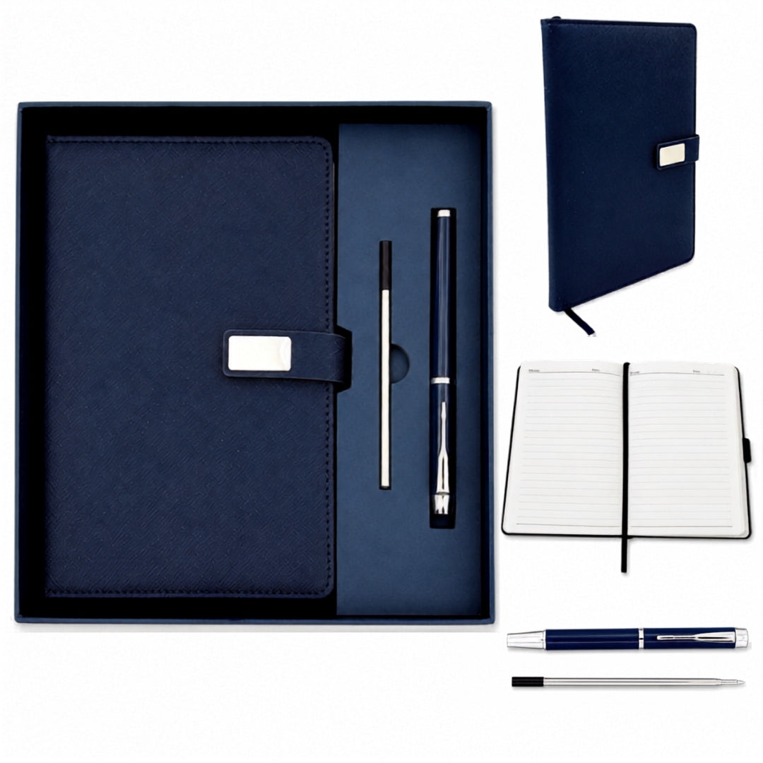 Elegancki Zestaw Prezentowy Granatowy Skórzany Notes A5 z Długopisem w Pudełku Prezentowym - EE13