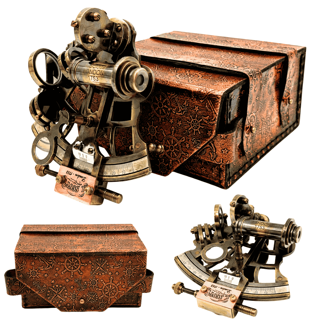 Messinkinen retro sekstantti nahkakotelossa - elegantti navigointiväline kaiverrusmahdollisuudella - täydellinen lahja purjehduksen ja historian ystäville - mitat 13x12x7 cm