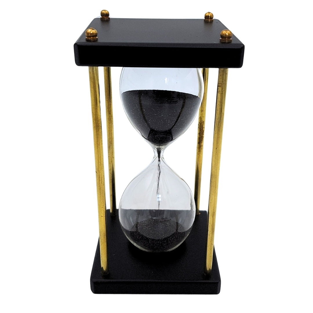 Klepsydra Mosiężno-Drewniana 5 minut – Czarny Piasek – Elegancka Dekoracja Retro - STRS