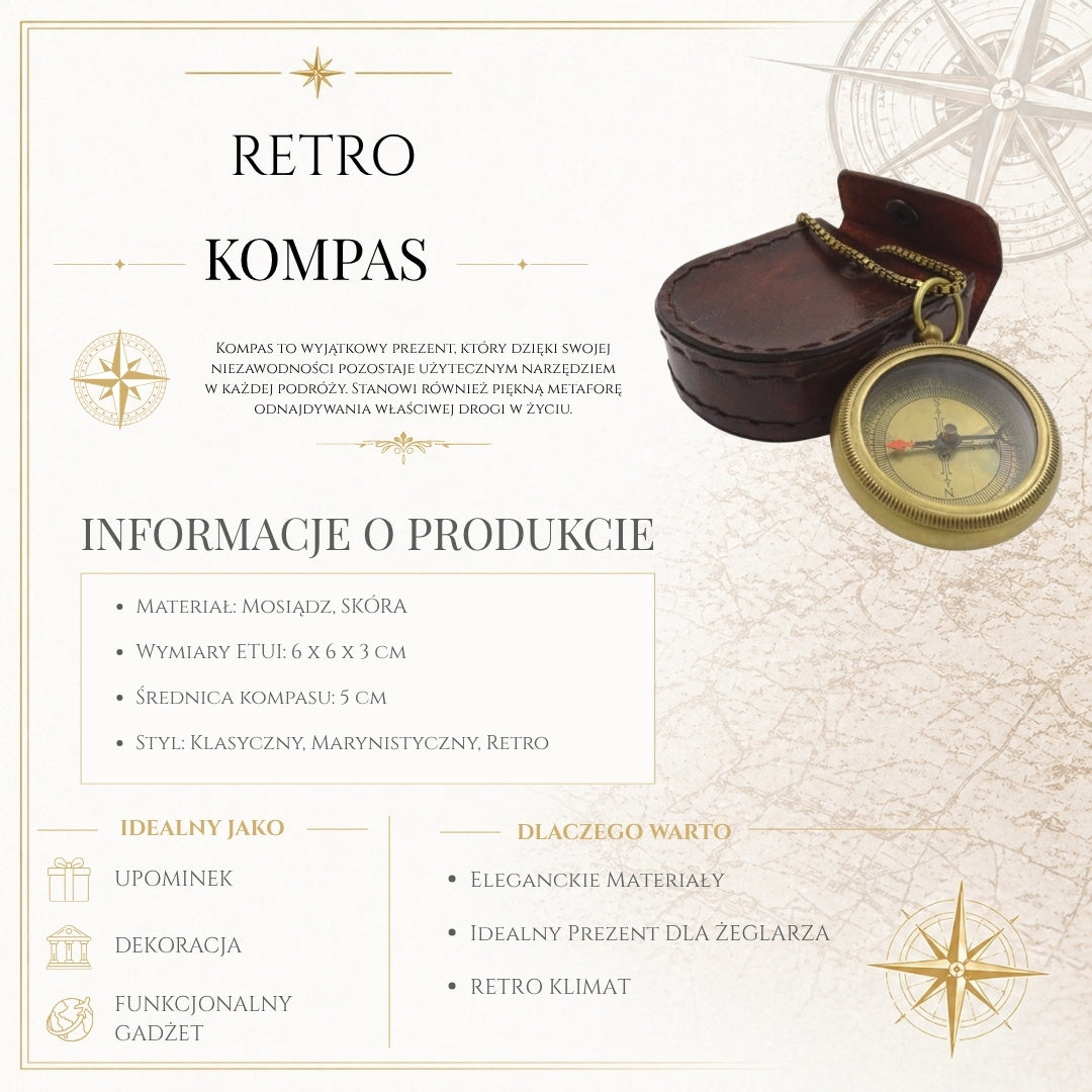 Stylowy Kompas Mosiężny z Łańcuszkiem w Skórzanym Etui - COM-0470A