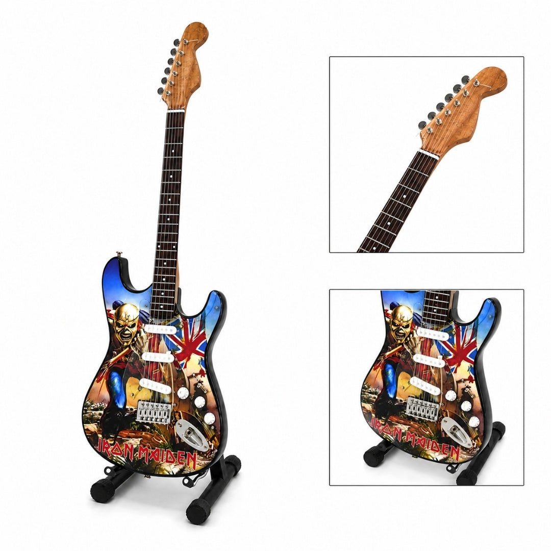 Koristeellinen Iron Maiden ”The Trooper” -minikitara mahongista – käsintehty koriste musiikkifaneille