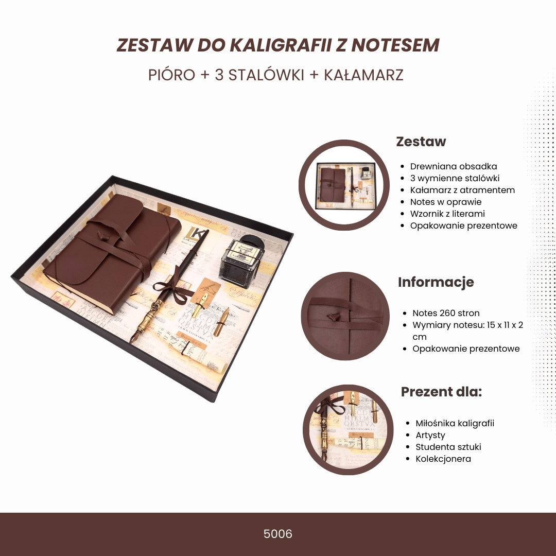 Ekskluzywny zestaw do kaligrafii z notesem - pióro + 3 stalówki + kałamarz - 5006