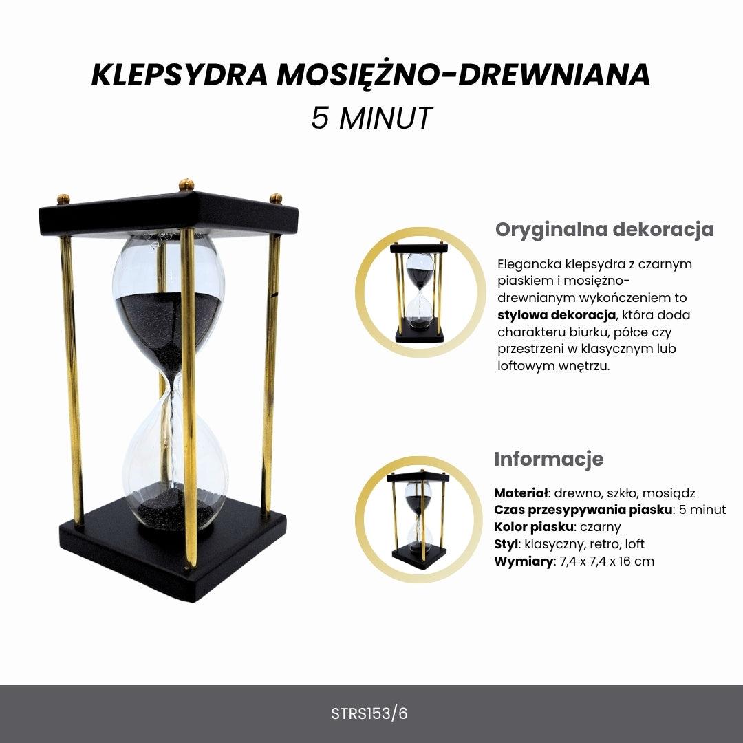Klepsydra Mosiężno-Drewniana 5 minut – Czarny Piasek – Elegancka Dekoracja Retro - STRS