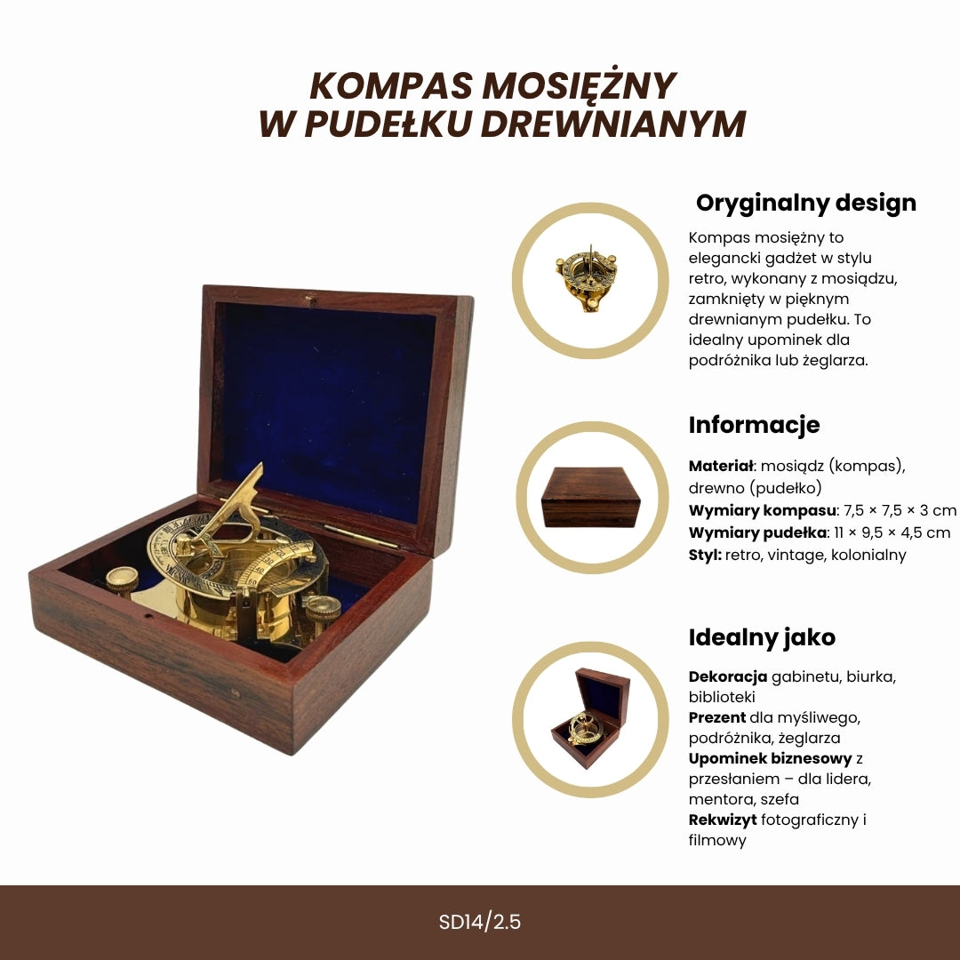 Messinkinen Dollond-kompassi puulaatikossa aurinkokellotoiminnolla – täydellinen lahja kaiverrusmahdollisuudella – antiikkityyli, mitat 7,5 x 7,5 x 3 cm
