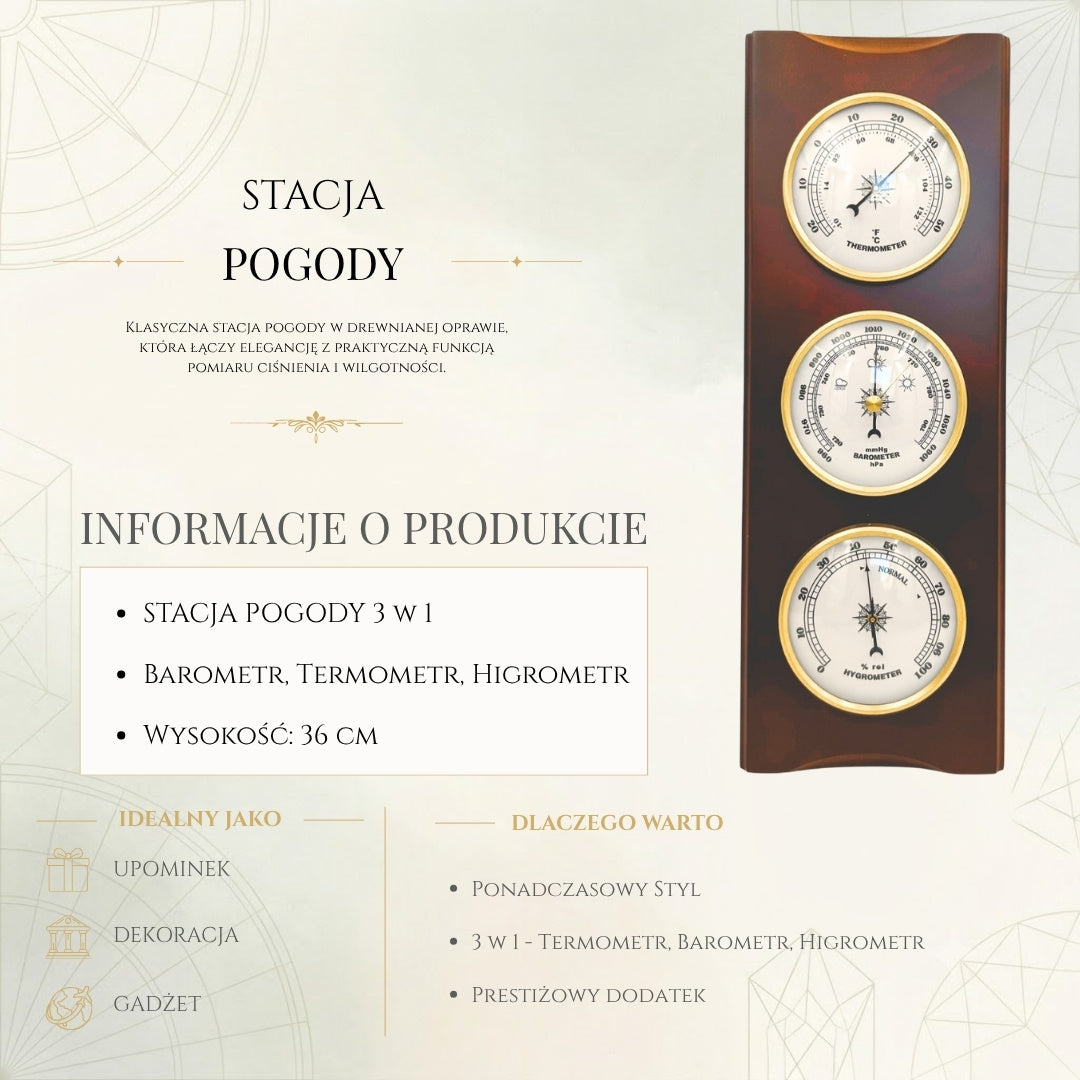 Elegancka Stacja Pogody – Barometr Termometr Higrometr 36cm Retro - YG336
