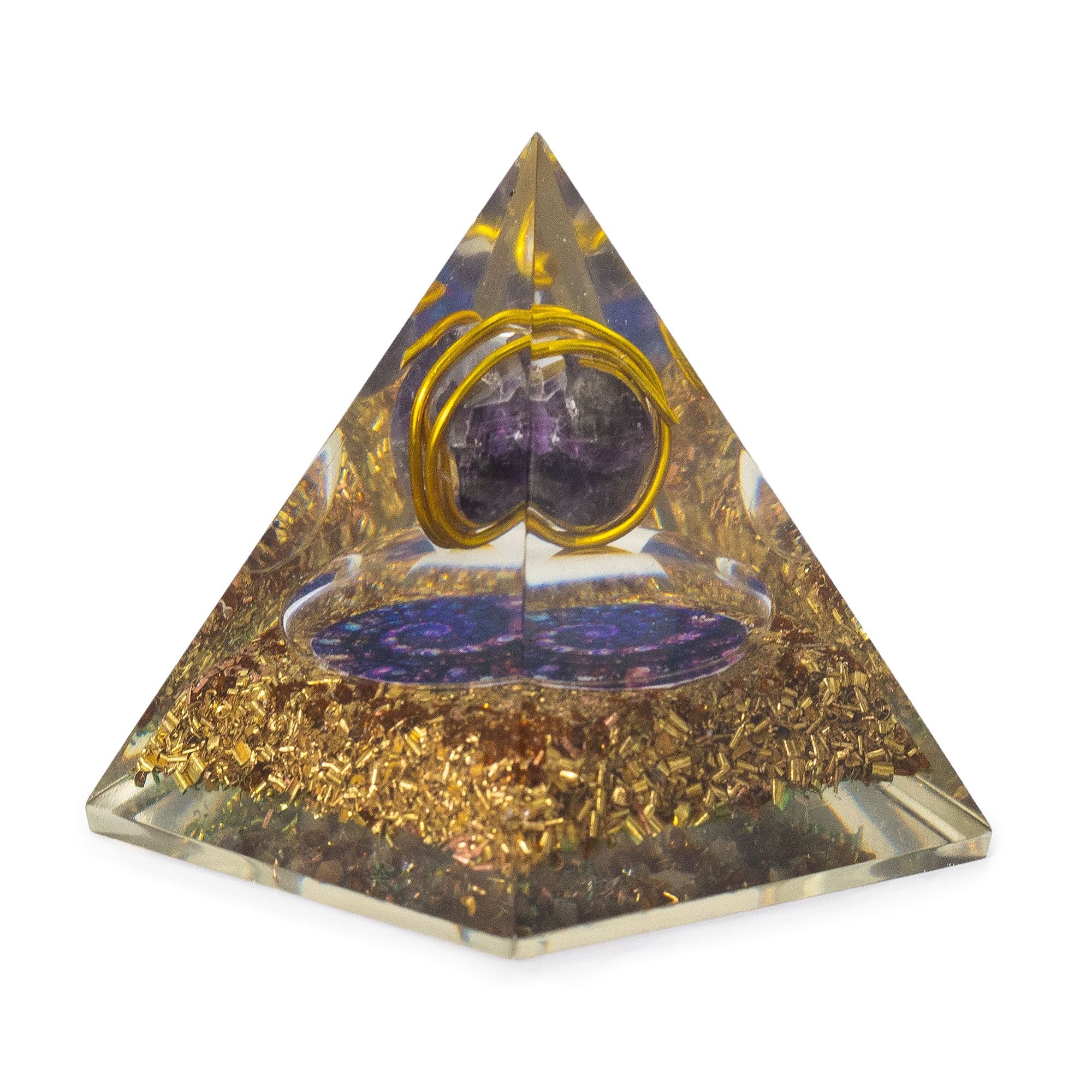 Keskikokoinen orgoniittipyramidi ametistilla ja kuparilla 7x6 cm