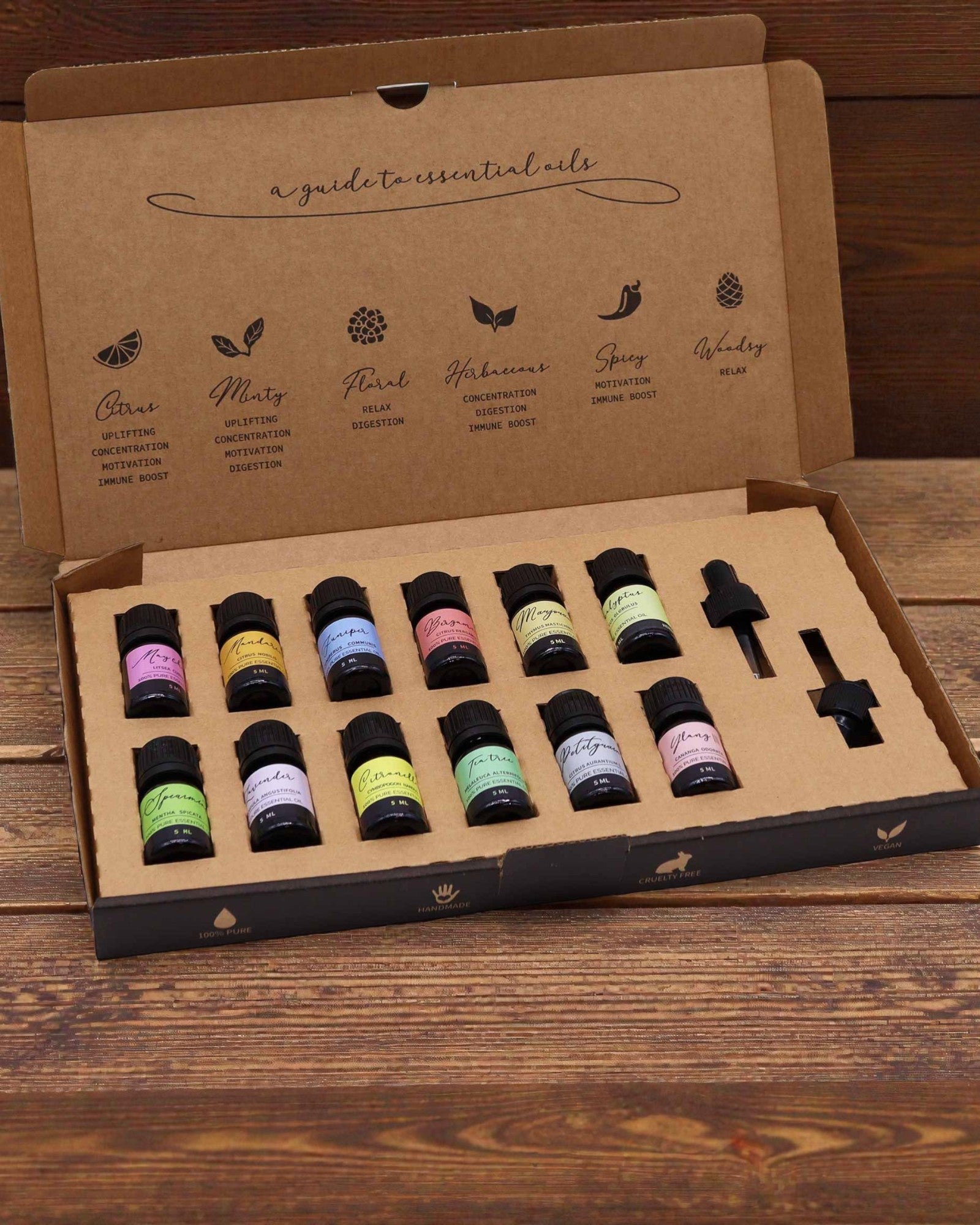 Luonnon keväinen herääminen – ylellinen 12 eteerisen öljyn 5 ml:n sarja pipeteillä