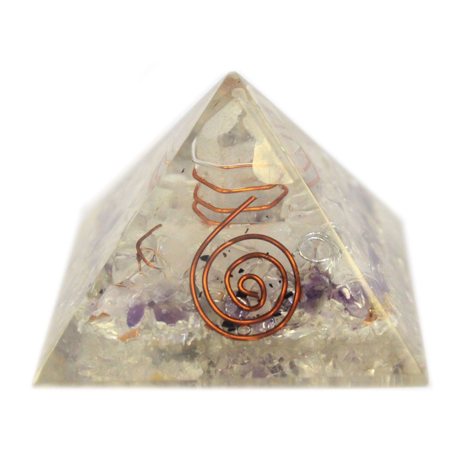 Taianomainen orgoniittipyramidi 55 mm jalokivillä ja kuparilla