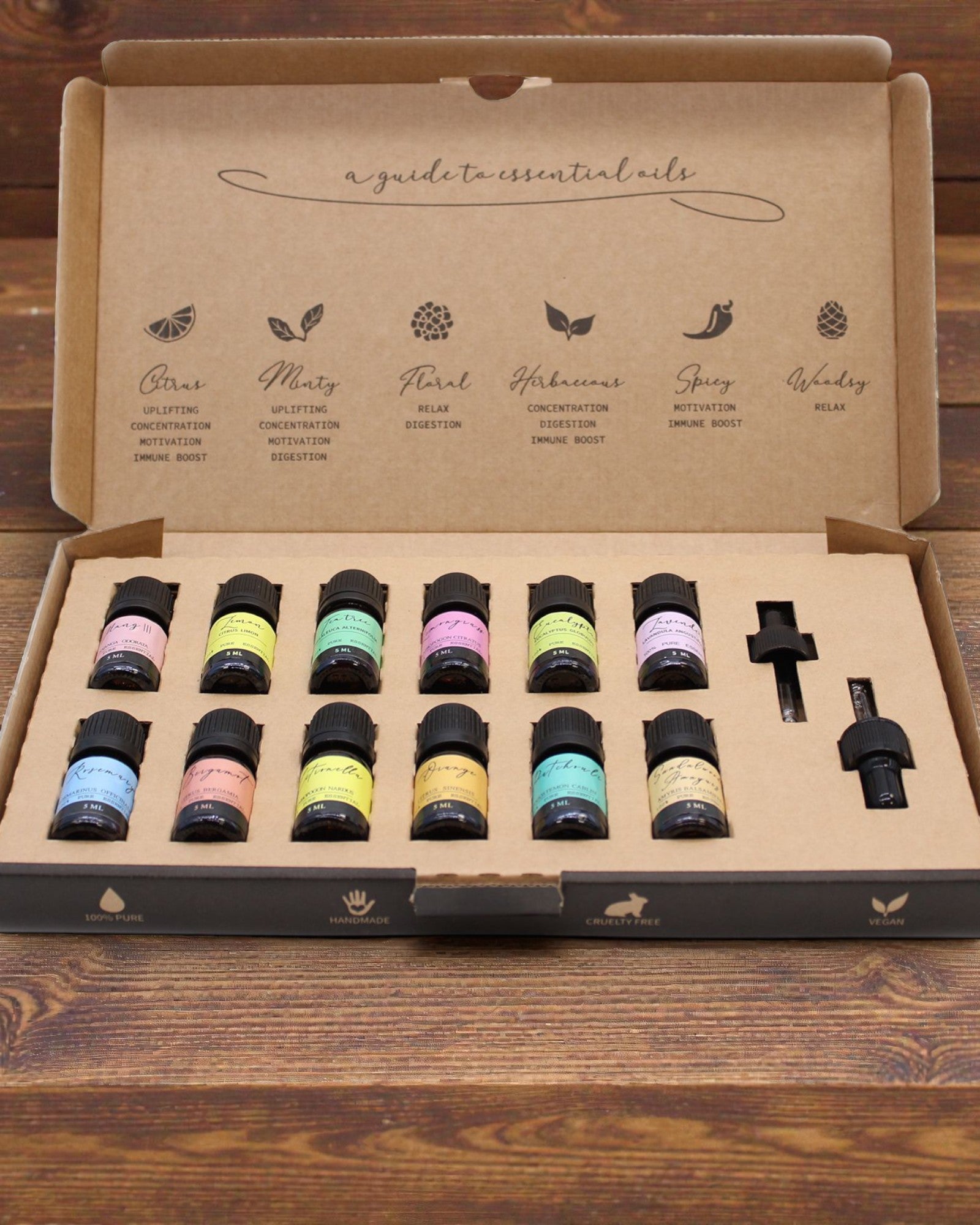 Maailman olemus – ylellinen 12 suosituimman eteerisen öljyn 5 ml:n valikoima pipeteillä