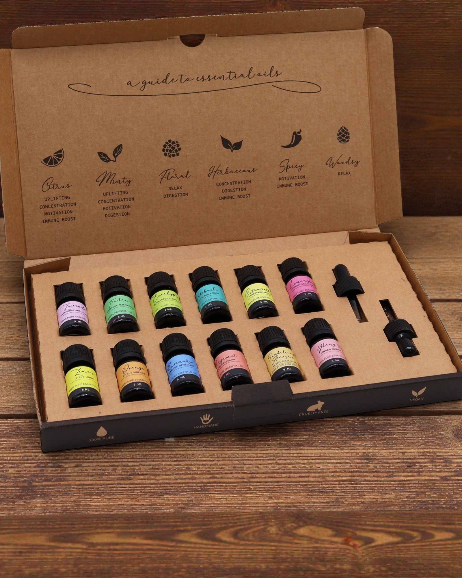 Maailman olemus – ylellinen 12 suosituimman eteerisen öljyn 5 ml:n valikoima pipeteillä