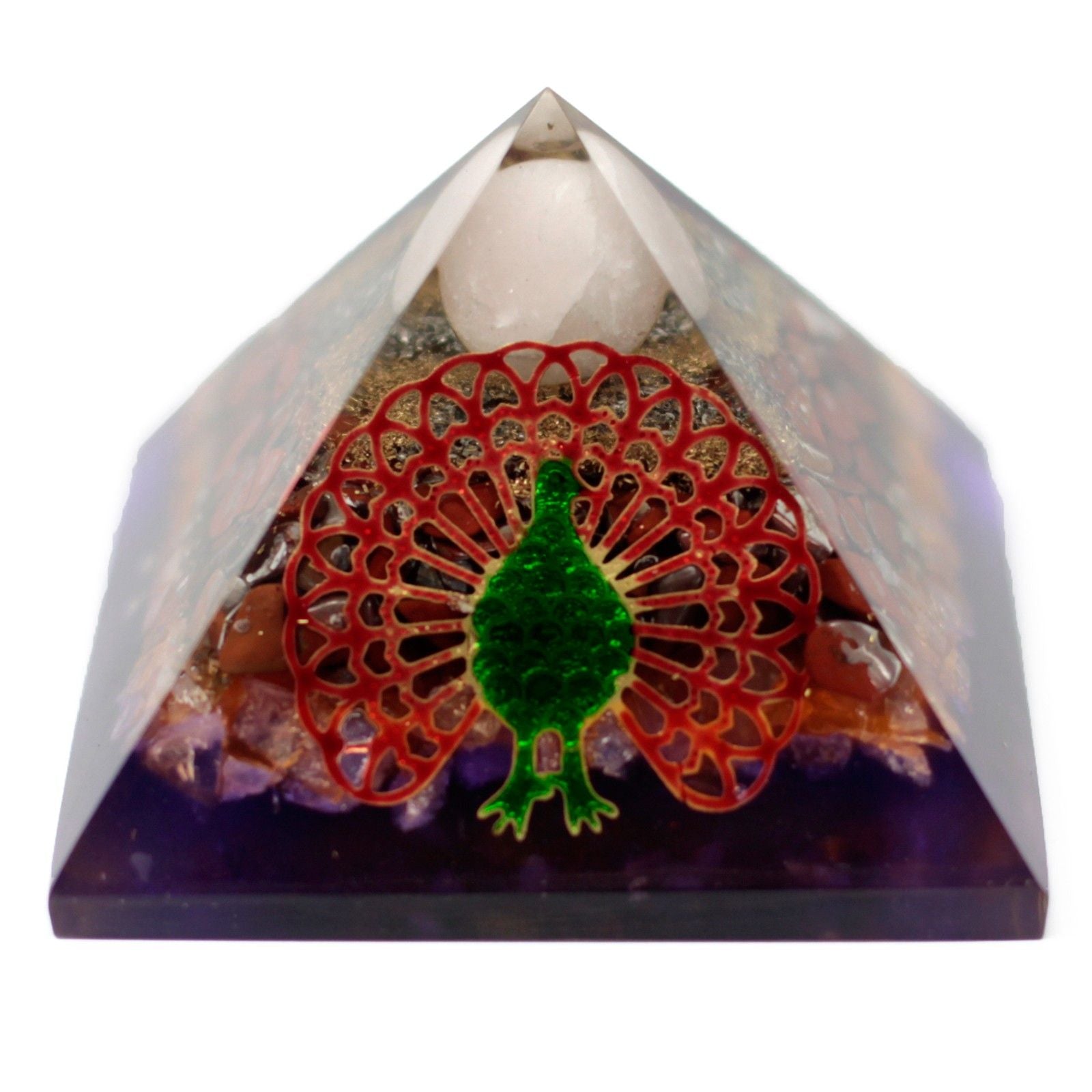 Orgoniittipyramidi 70 mm - värikäs riikinkukko jalokivistä ja kuparista
