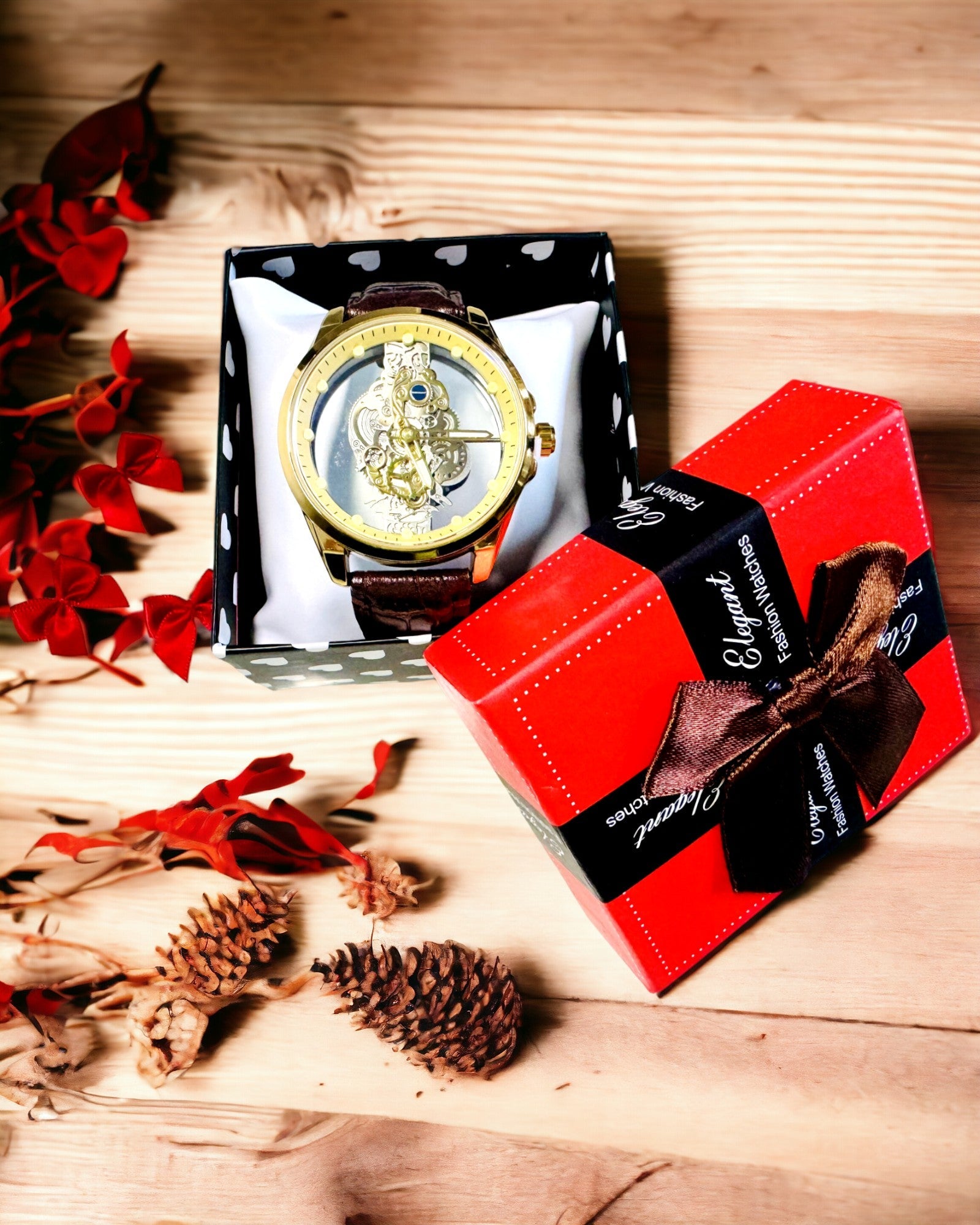 Miesten kello läpinäkyvällä mekanismilla - Eleganssia ja tarkkuutta kultaisessa kehyksessä