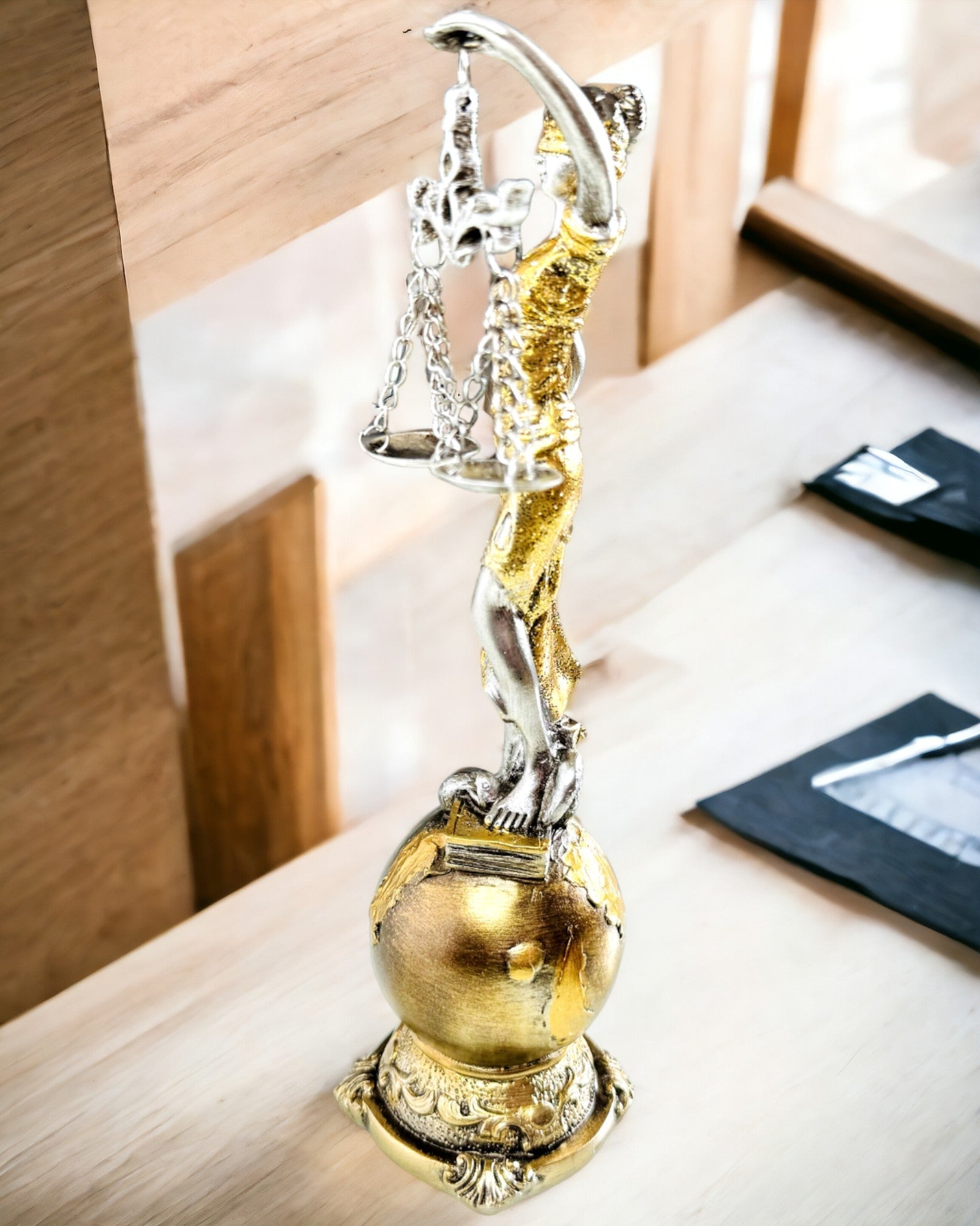 Oikeuden jumalattaren patsas – Taiteellinen koriste hyllylle, hartsikäsityö, personointi kaiverruksella