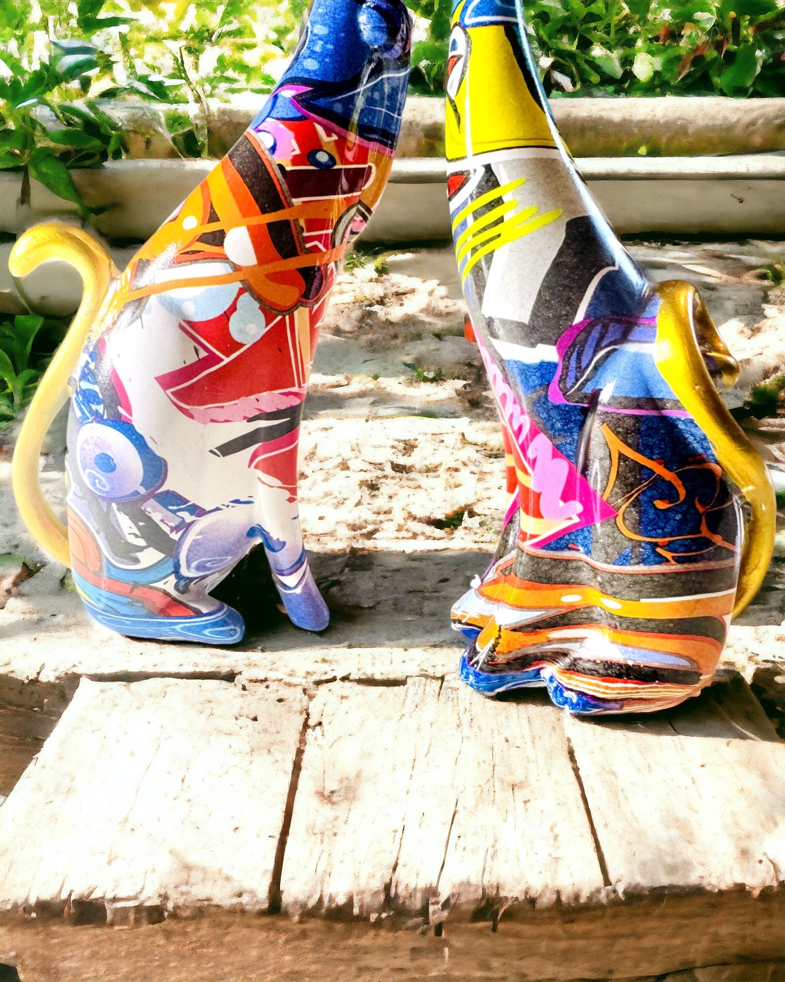 Abstraktien "ArtCats"-Kissojen Figuriinit, Käsinmaalatut, Hartsi – 25 cm, 2 kpl.