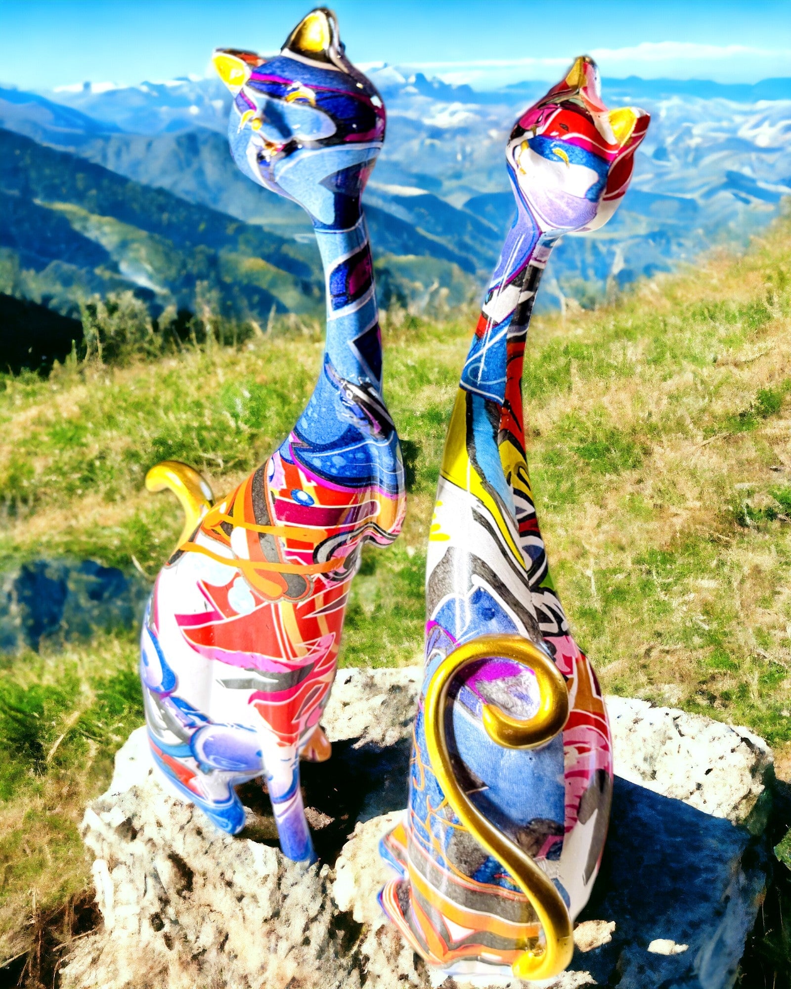 Abstraktien "ArtCats"-Kissojen Figuriinit, Käsinmaalatut, Hartsi – 25 cm, 2 kpl.