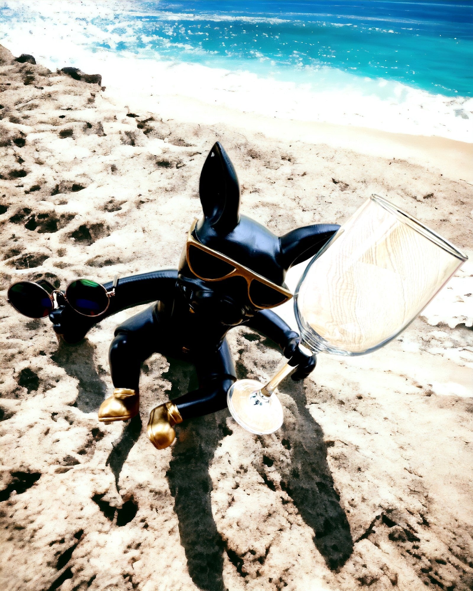 Eksklusiivinen figuuri "Tyylikäs Bulldog", musta väri, viini- tai samppanjalasin teline, personointi kaiverruksella