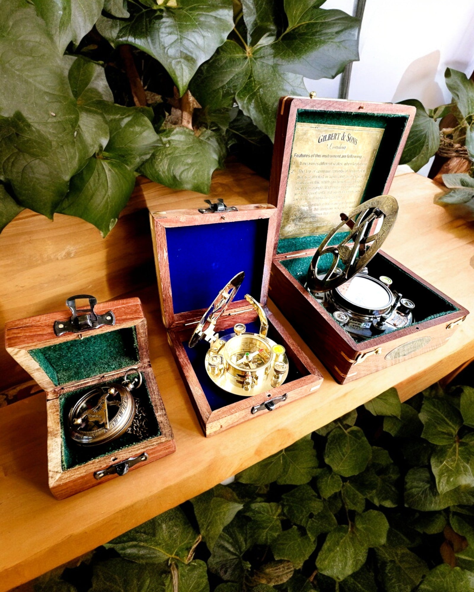 Suuri puinen kompassilaatikko "Gilbert & Sons" kaiverrusmahdollisuudella