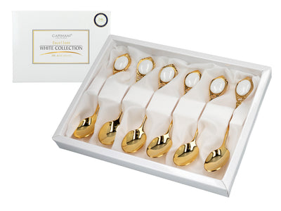 6 valgete silmadega 24K kullatud CARMANI teelusika komplekt, isikupärastatava graveeringuga - elegantne kingitus igaks puhuks, mõõtmed 13 cm