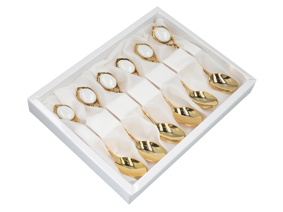6 valgete silmadega 24K kullatud CARMANI teelusika komplekt, isikupärastatava graveeringuga - elegantne kingitus igaks puhuks, mõõtmed 13 cm