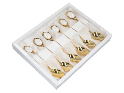 6 valgete silmadega 24K kullatud CARMANI teelusika komplekt, isikupärastatava graveeringuga - elegantne kingitus igaks puhuks, mõõtmed 13 cm