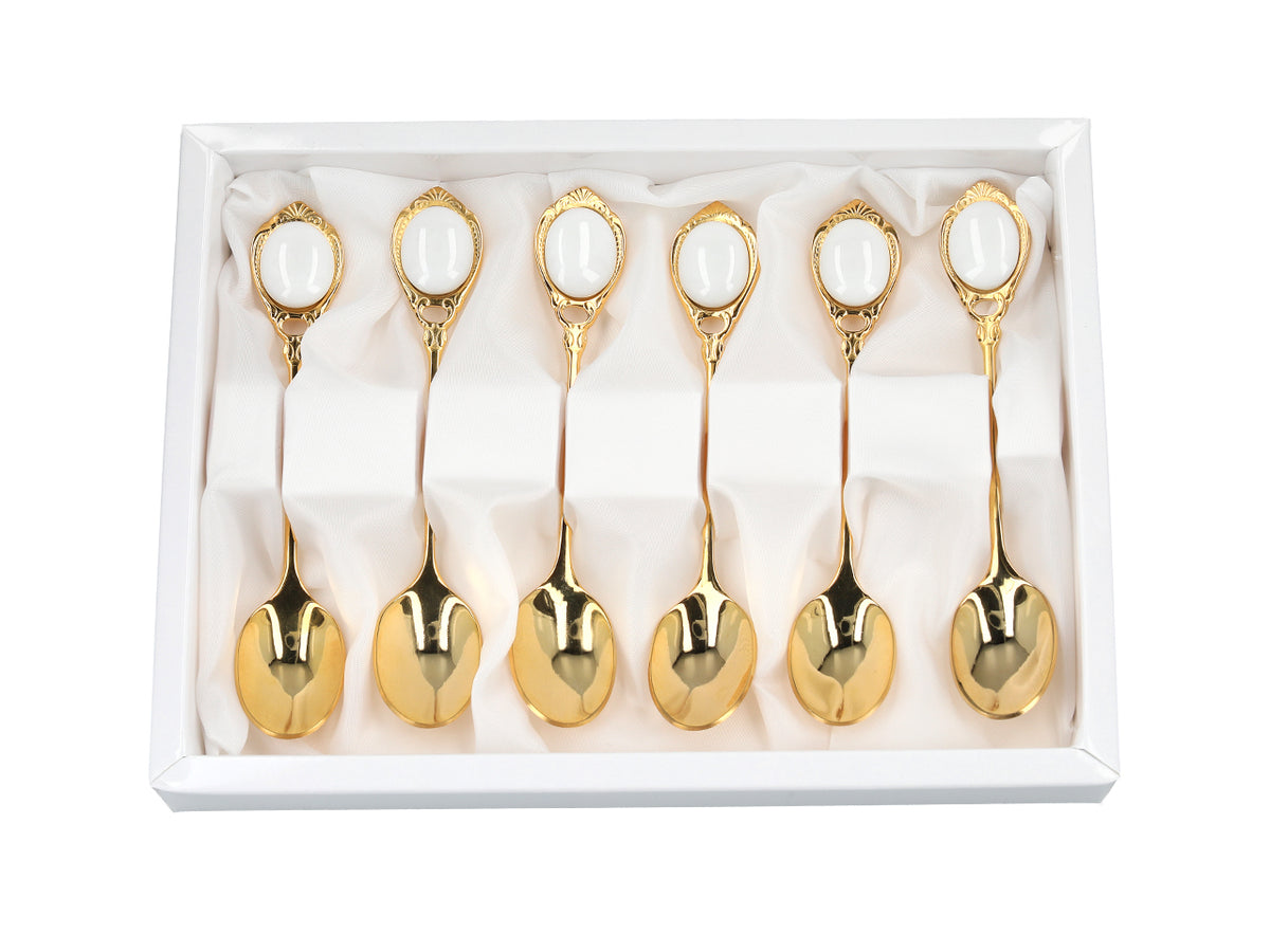 6 valgete silmadega 24K kullatud CARMANI teelusika komplekt, isikupärastatava graveeringuga - elegantne kingitus igaks puhuks, mõõtmed 13 cm