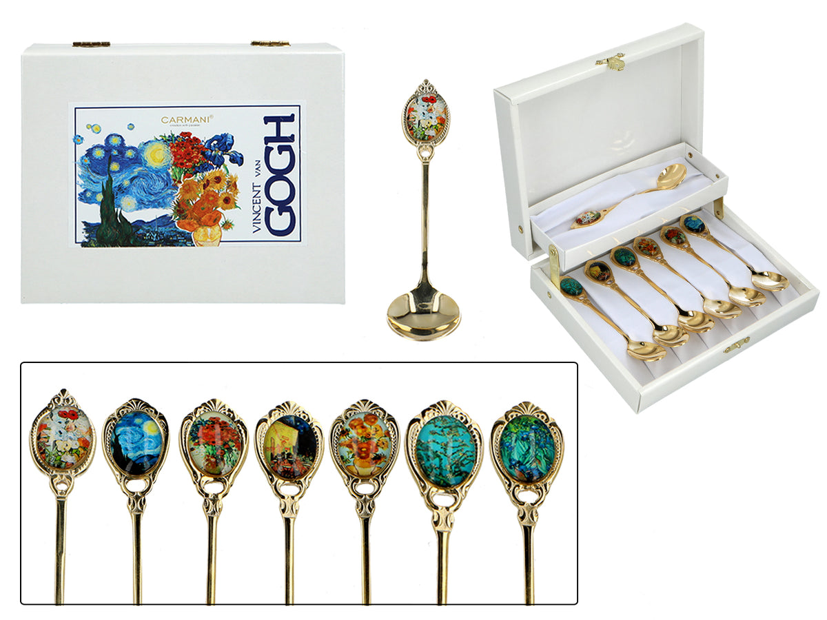 Setti: 6 24K-kullattua teelusikkaa ja 1 sokerilusikka - V. van Gogh, lajitelma, personoitavissa kaiverruksella, tyylikäs lahjapakkaus, mitat 13 cm