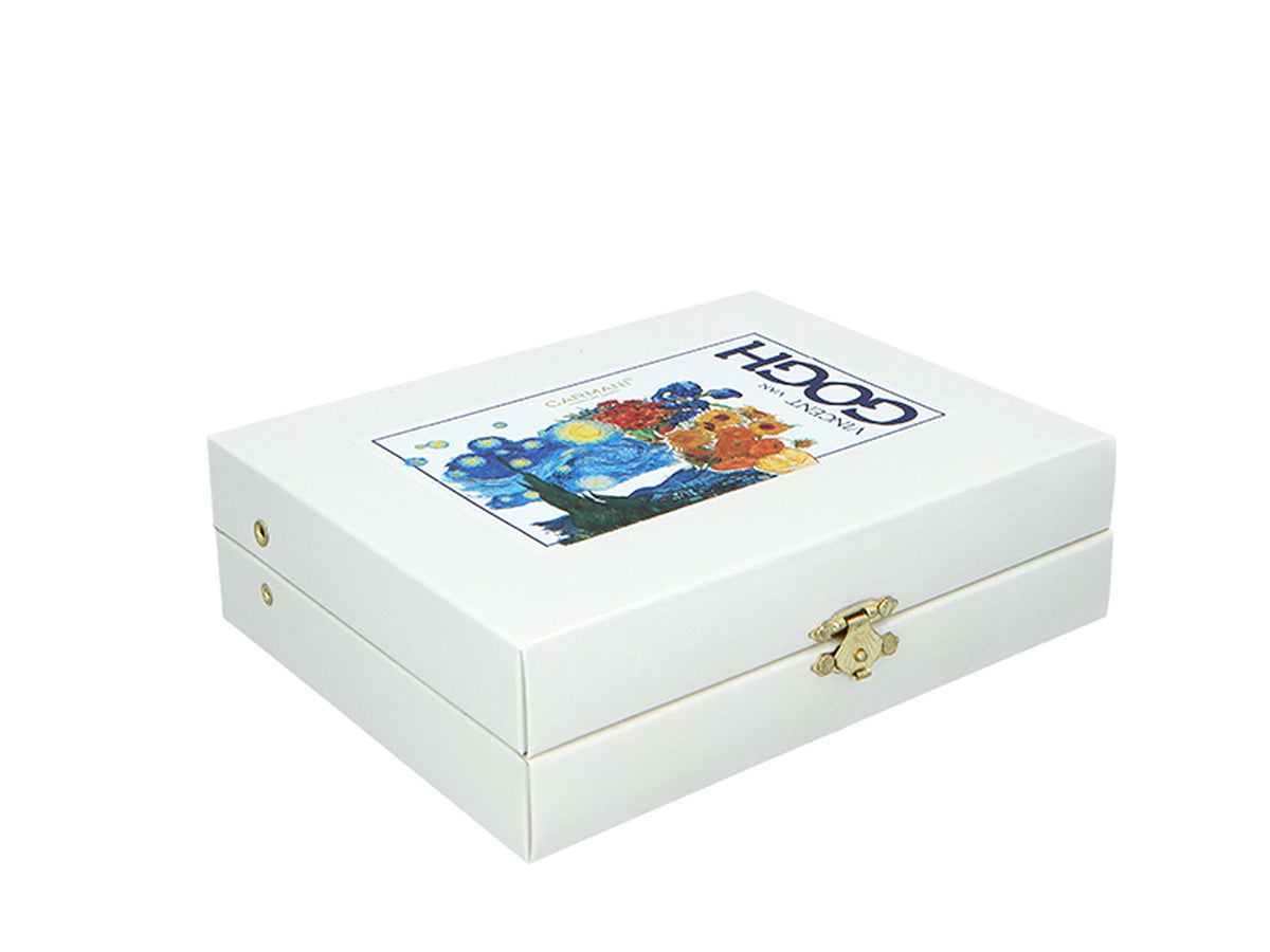 Setti: 6 24K-kullattua teelusikkaa ja 1 sokerilusikka - V. van Gogh, lajitelma, personoitavissa kaiverruksella, tyylikäs lahjapakkaus, mitat 13 cm