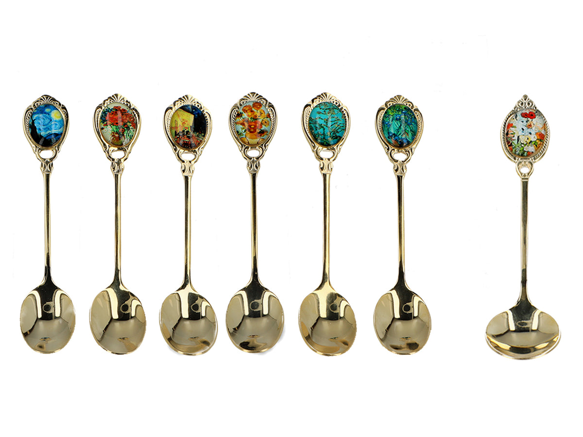 Setti: 6 24K-kullattua teelusikkaa ja 1 sokerilusikka - V. van Gogh, lajitelma, personoitavissa kaiverruksella, tyylikäs lahjapakkaus, mitat 13 cm
