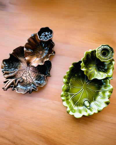 Tyylikäs metallinen lootuksenlehti suitsuketeline - 4 vaihtoehtoa valittavana, mahdollisuus personointiin kaiverruksella lahjaksi