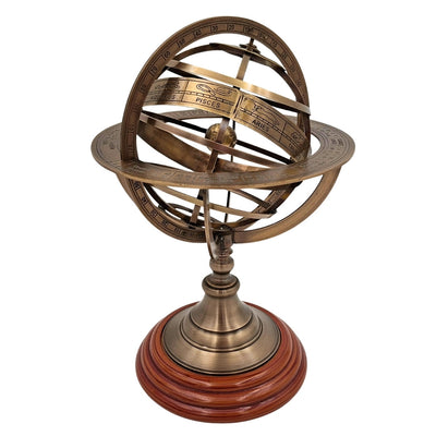 Messinkinen pallomainen astrolabi puisella jalustalla 28 cm, personoitavissa kaiverruksella
