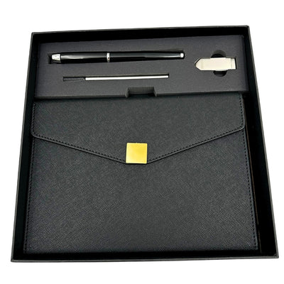 Elegancki Zestaw Prezentowy Premium – Notes A5 z Długopisem i Pendrive 16GB w Pudełku – Czarno-złoty – EE9