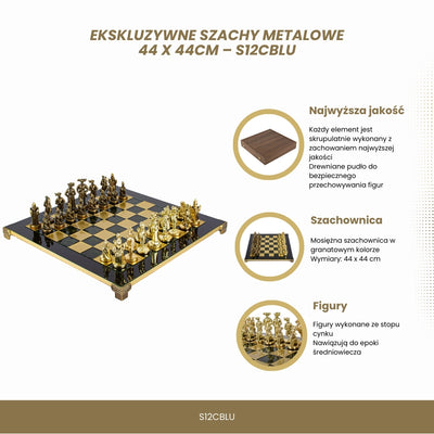 Ekskluzywne Szachy Metalowe – Mosiężna Szachownica 44 x 44cm – Średniowiecze – S12CBLU