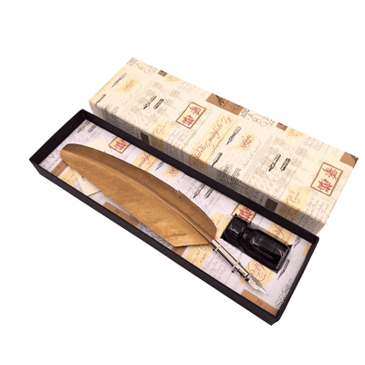 Zestaw do kaligrafii - Złote pióro gęsie ze stalówką + tusz – 7262