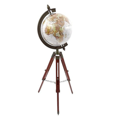 Elegantti kolonialistinen maapallo puisella kolmijalalla NC2140, säädettävä korkeus jopa 78 cm, laminoitu kartta valkoisen ja ruskean sävyissä, täydellinen lahja personoitavalla kaiverruksella  