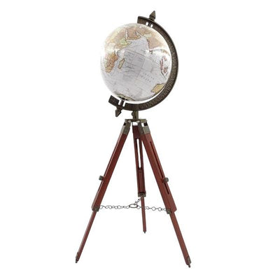 Elegantti kolonialistinen maapallo puisella kolmijalalla NC2140, säädettävä korkeus jopa 78 cm, laminoitu kartta valkoisen ja ruskean sävyissä, täydellinen lahja personoitavalla kaiverruksella  