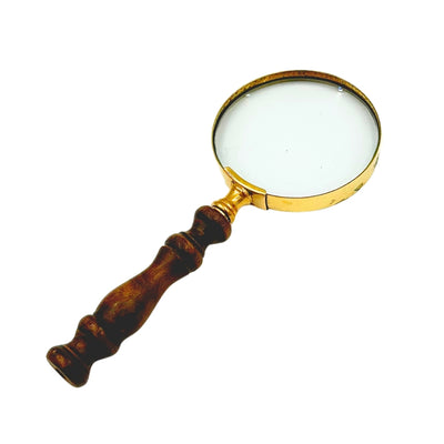 Messinkinen retro suurennuslasi puisella kahvalla - 18 cm suurennuslasi personoitavalla kaiverruksella