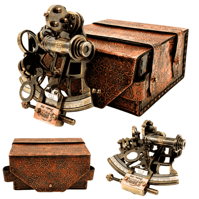 Messinkinen retro sekstantti nahkakotelossa - elegantti navigointiväline kaiverrusmahdollisuudella - täydellinen lahja purjehduksen ja historian ystäville - mitat 13x12x7 cm