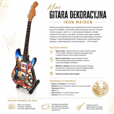 Koristeellinen Iron Maiden ”The Trooper” -minikitara mahongista – käsintehty koriste musiikkifaneille