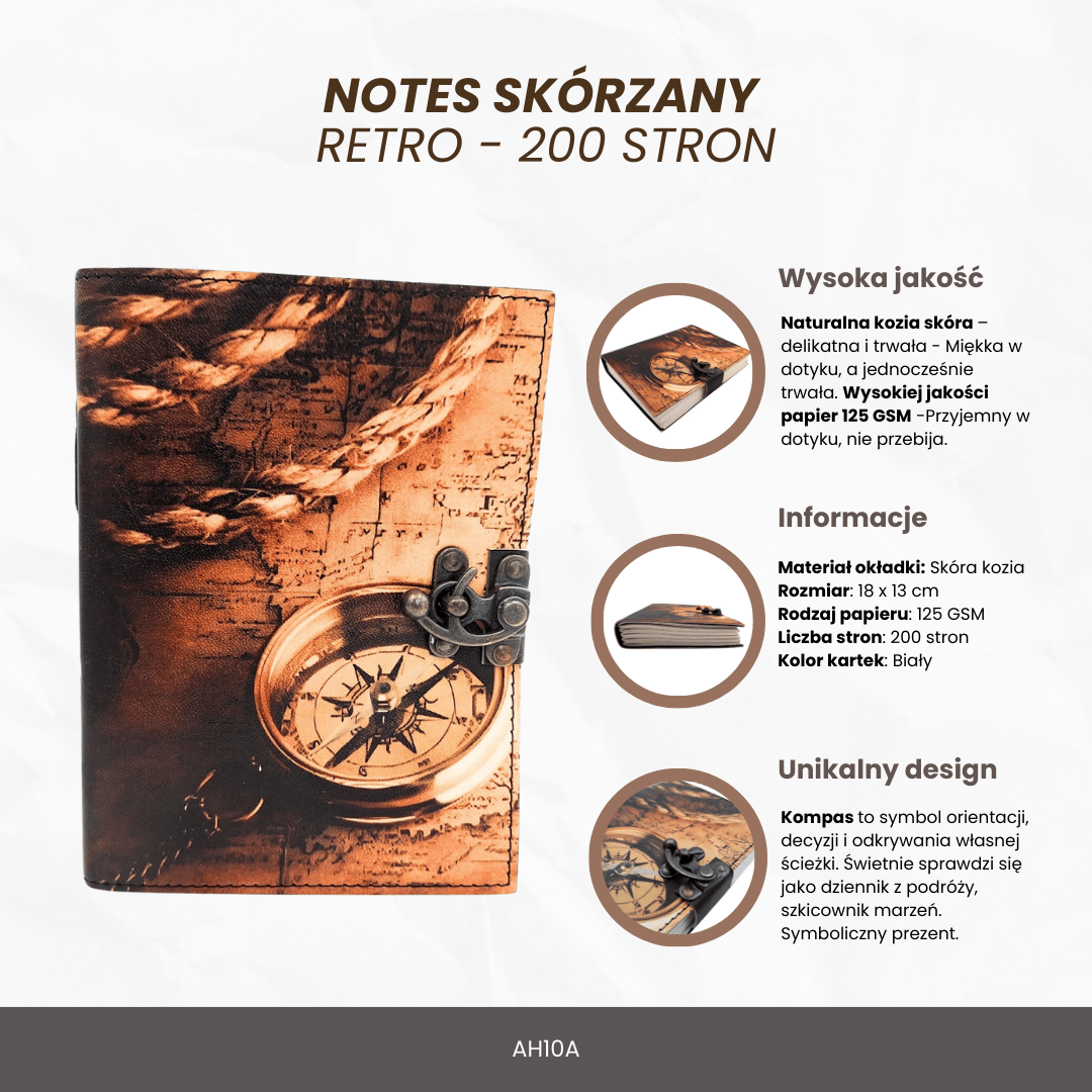 Notes Skórzany Kompas Retro Vintage 200 stron – Prezent dla Podróżnika - AH10A